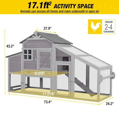 Chicken Coop Mobile Hen House with Large Nesting Box 73" Expandable Outdoor Wooden Poultry Cage with Wheels, Nesting Box, Leakproof Pull-on Tray and - WoodArtSupply