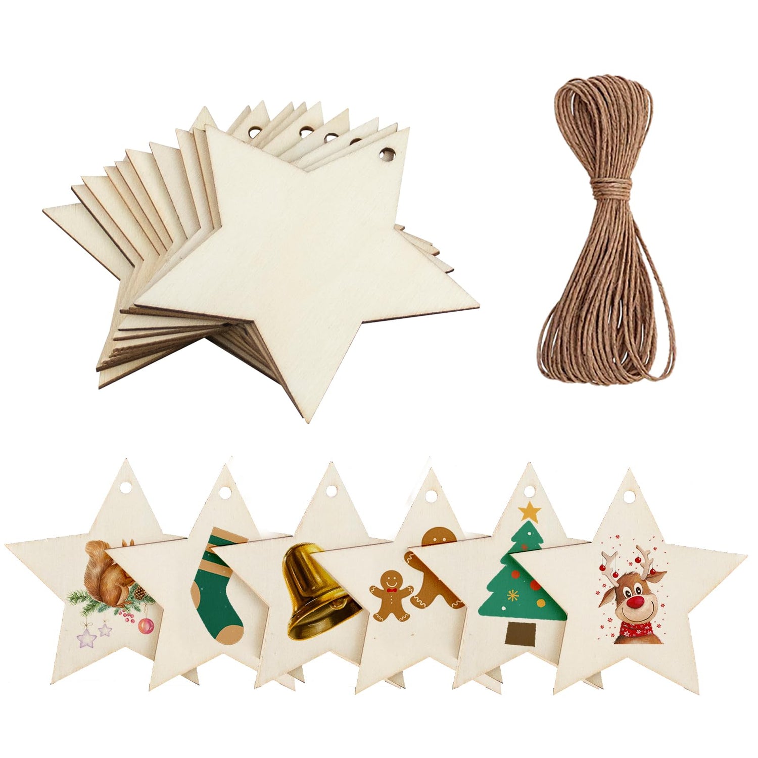 40 Pieces Wooden Stars Cutouts Christmas Wood Christmas Stars Decorations with 40 Pieces Twine Ropes for Kids Crafts Christmas Ornaments Nyicey