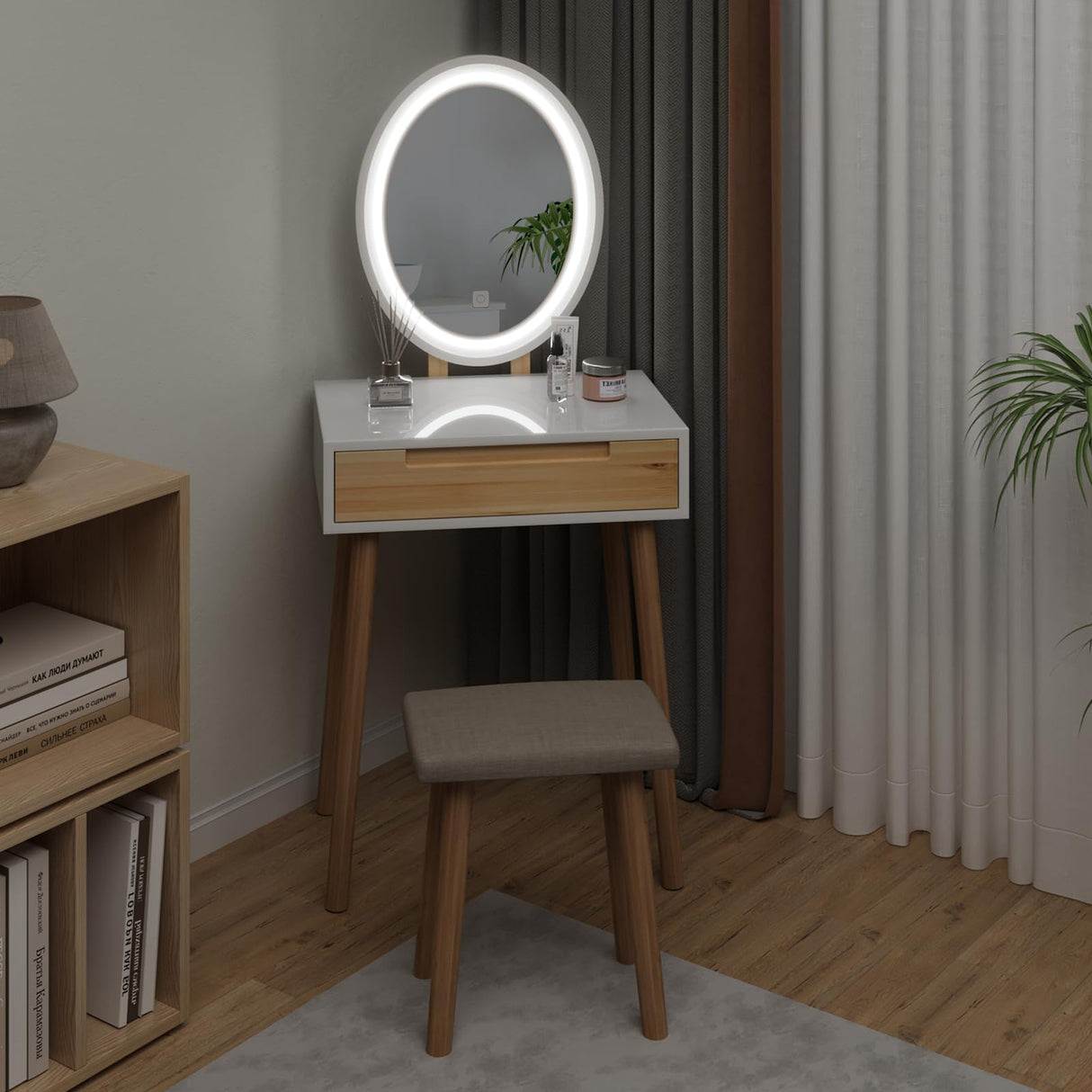 ARTETHYS Small Makeup Vanity Desk with 3 Adjustable Lighted Mirror and Chair, 24 Inch Makeup Vanity Table with Big Drawer Wooden Frame for Small ARTETHYS