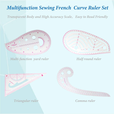 Pattern Sewing Rulers Set, 4 Styles Plastic Sew French Curve Ruler, Metric Curve Shaped Rulers for Designers and Tailors, Perfect for Drawing, Craft, Sunenlyst