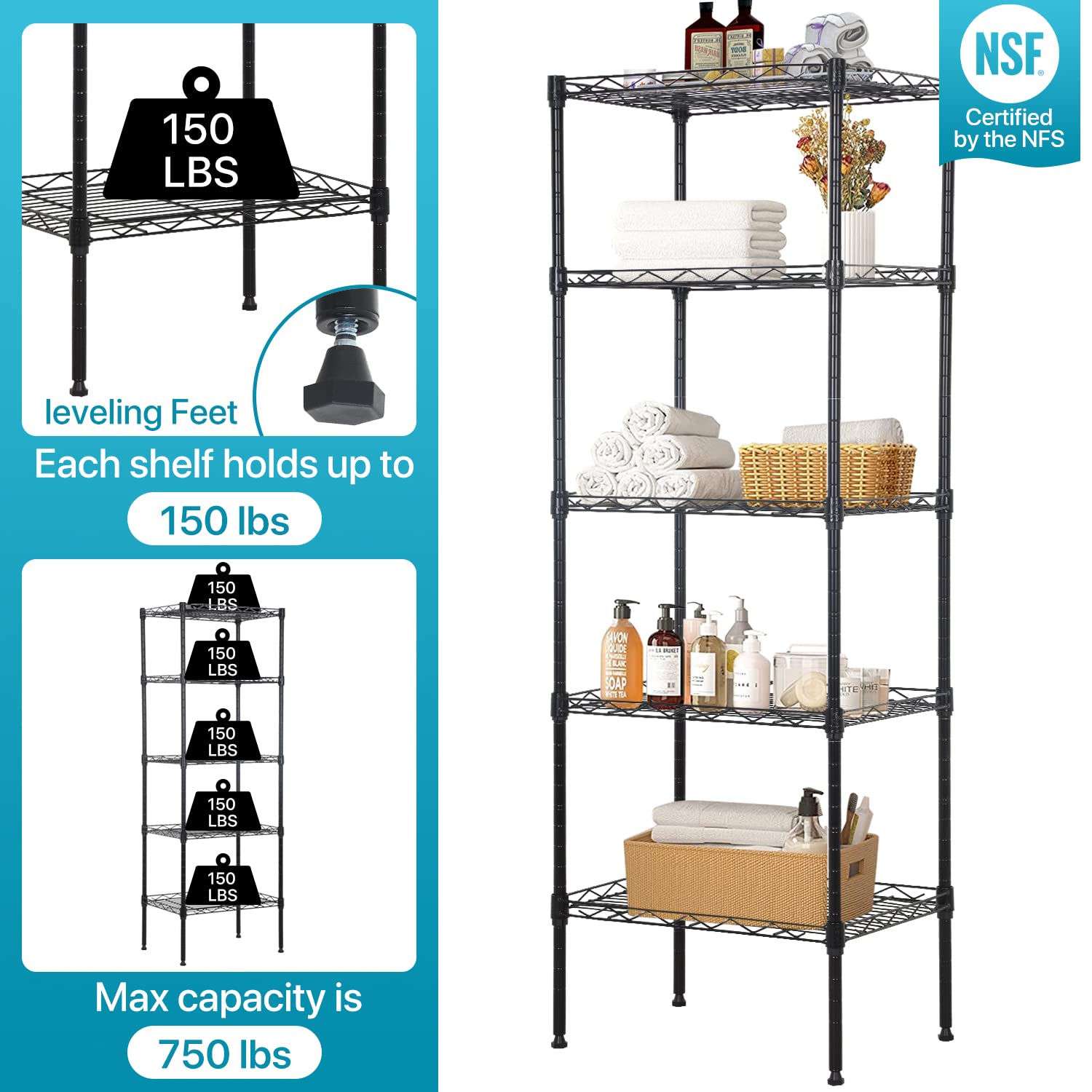 5 Wire Shelving Unit Adjustable Storage Shelf Metal Storage Rack with Leveling Feet for Closet Laundry Pantry Kitchen Garage 750 LBS Capacity 16.7" Dkelincs