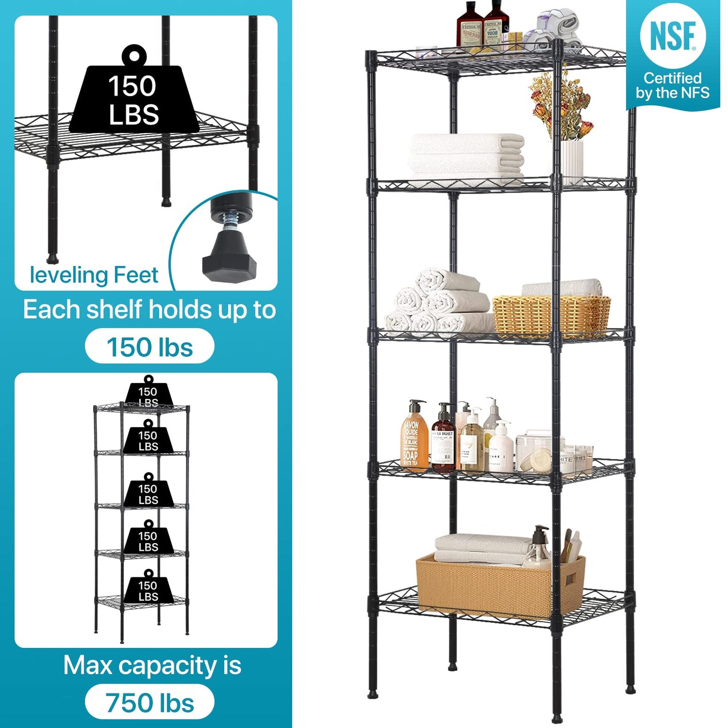 5 Wire Shelving Unit Adjustable Storage Shelf Metal Storage Rack with Leveling Feet for Closet Laundry Pantry Kitchen Garage 750 LBS Capacity 16.7" - WoodArtSupply