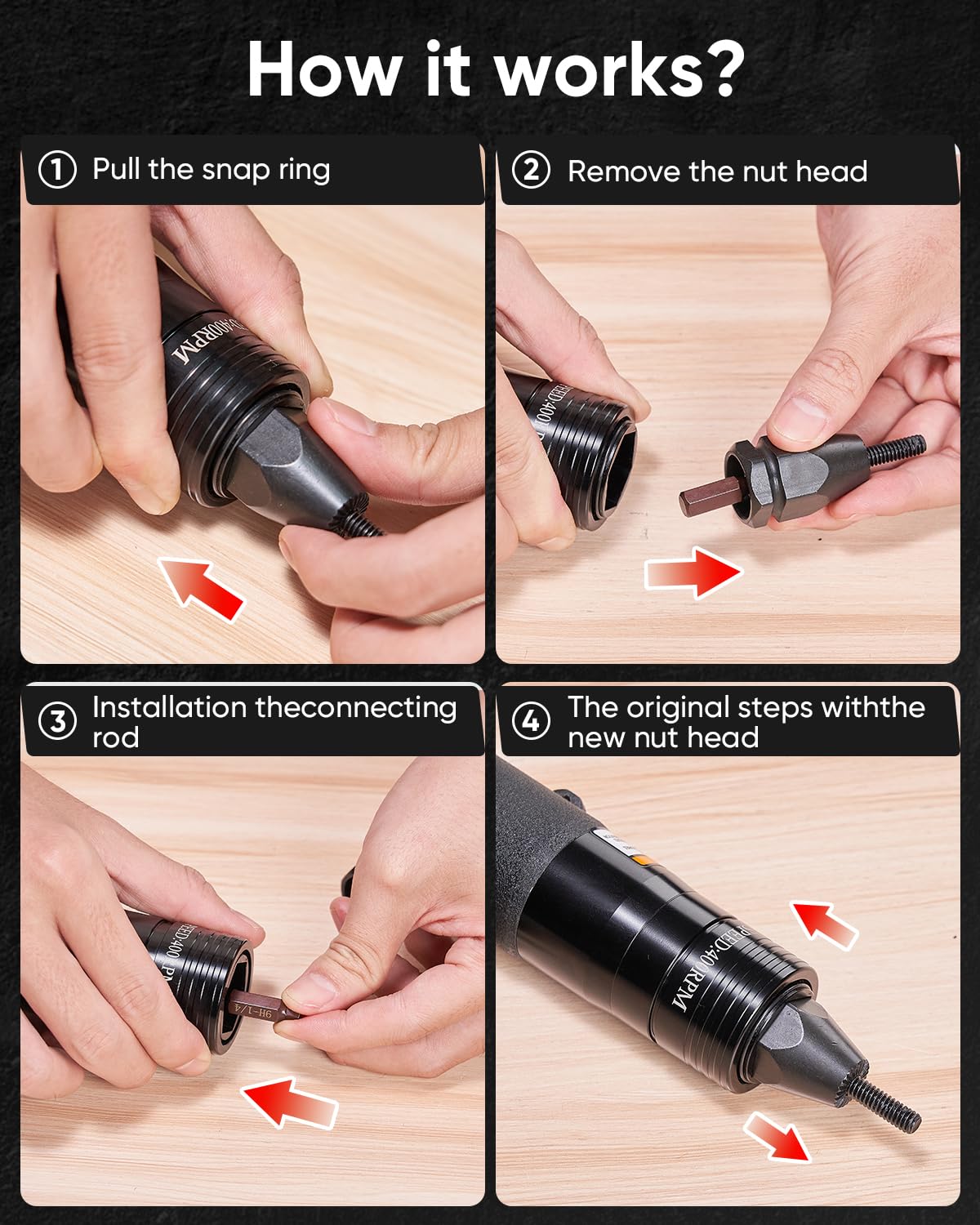 4-in-1 Pneumatic Rivet Nut Gun Set (10-24 & 1/4 & 5/16 & 3/8)， Air Nut Insert Installation Tool Assembly Automatic Nutsert Gun with 4pcs Quick-Change - WoodArtSupply