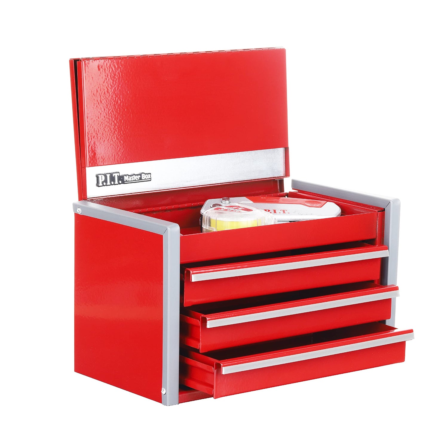 P.I.T. Mini Red Tool Box, Portable 3 Drawer Steel Tool Box with Magnetic Tab Locking, Red Micro Top Chest with Liner for Tools Storage, Home DIY P.I.T.