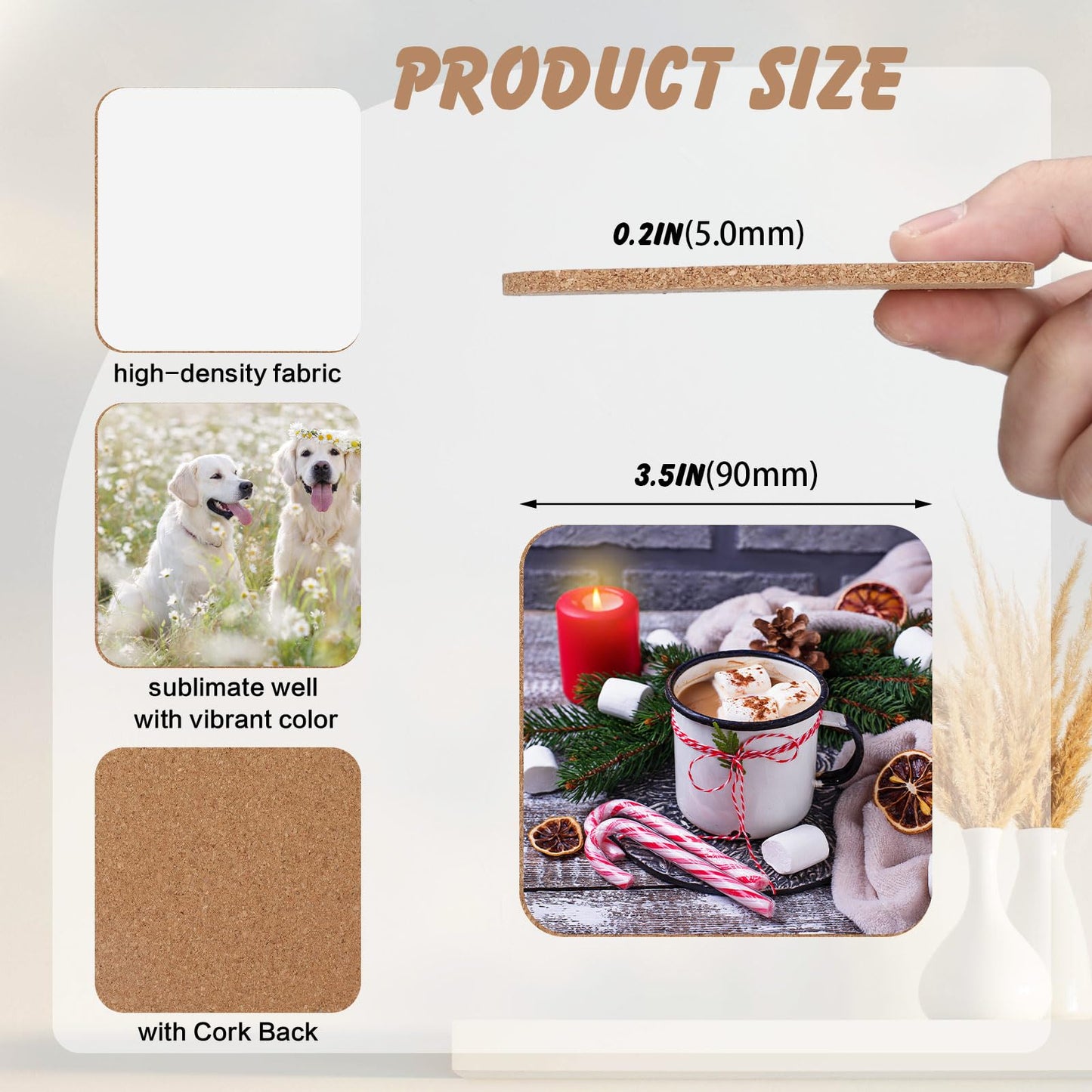 Layhit 48 Pcs Sublimation Coasters Blanks 3.74 x 3.74 Inches MDF Square Coasters with Cork Back Sublimation Blanks Absorbent Coasters Wood Hardboard