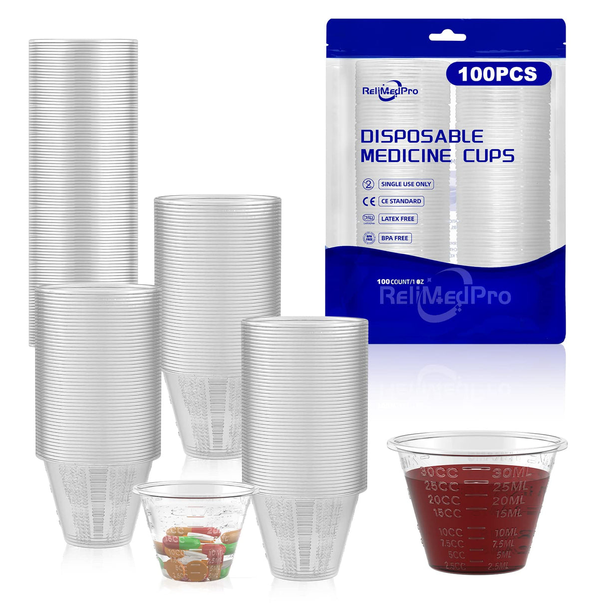 ReliMedPro disposable medicine cups graduated, bulk pack of 100, 1 oz (30ml) small plastic measuring cup for liquid medication, paint, epoxy, pill ReliMedPro