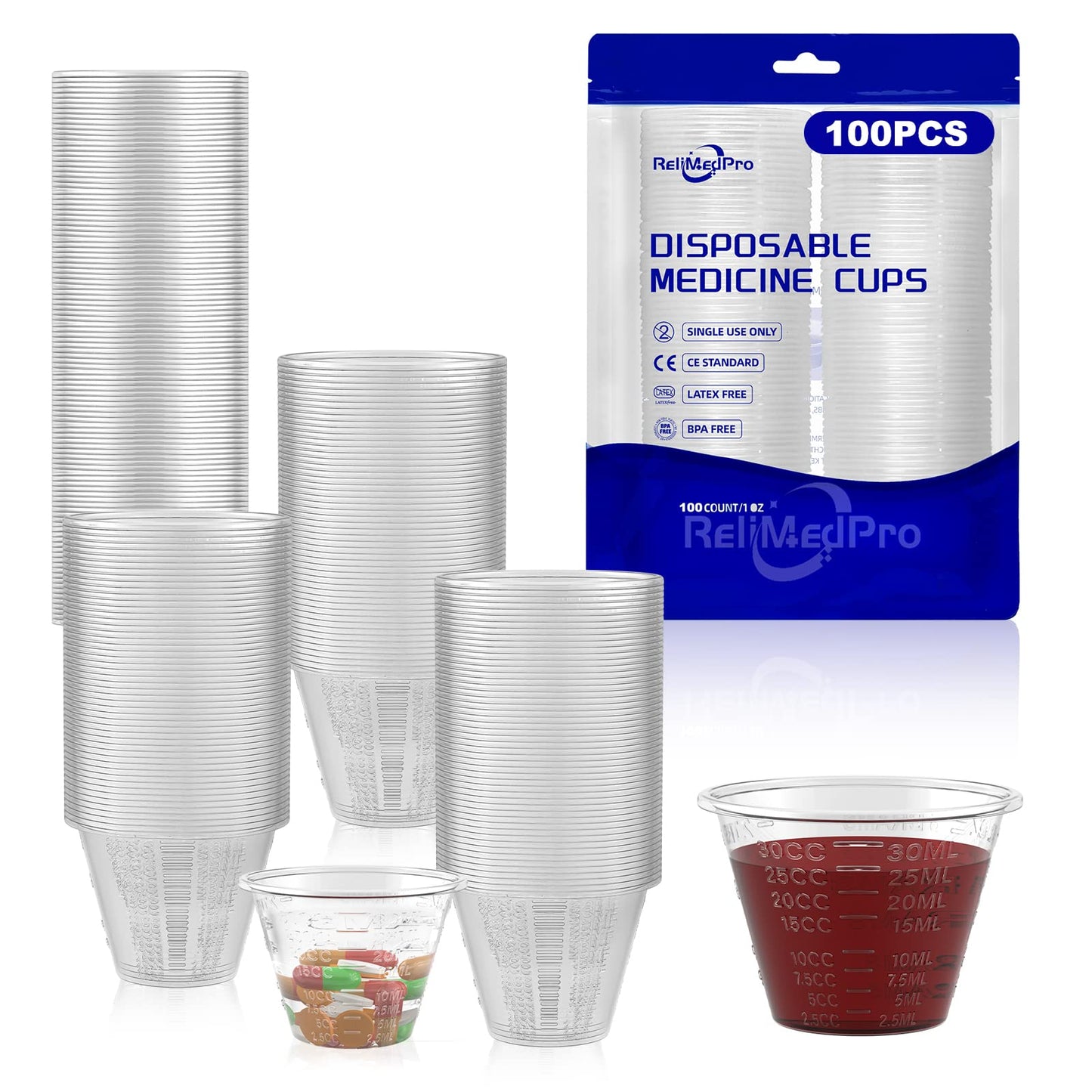 ReliMedPro disposable medicine cups graduated, bulk pack of 100, 1 oz (30ml) small plastic measuring cup for liquid medication, paint, epoxy, pill - WoodArtSupply