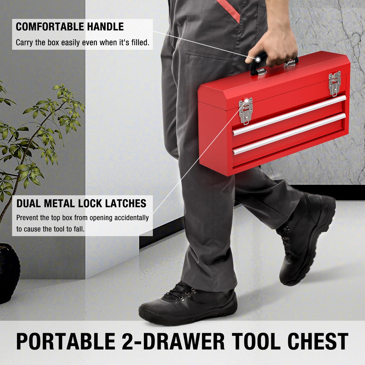 UNITEDPOWER Portable Metal Tool Box，2-Drawer Steel Organization Micro Tool Chest for Household, Warehouse, Repair Shop, Red