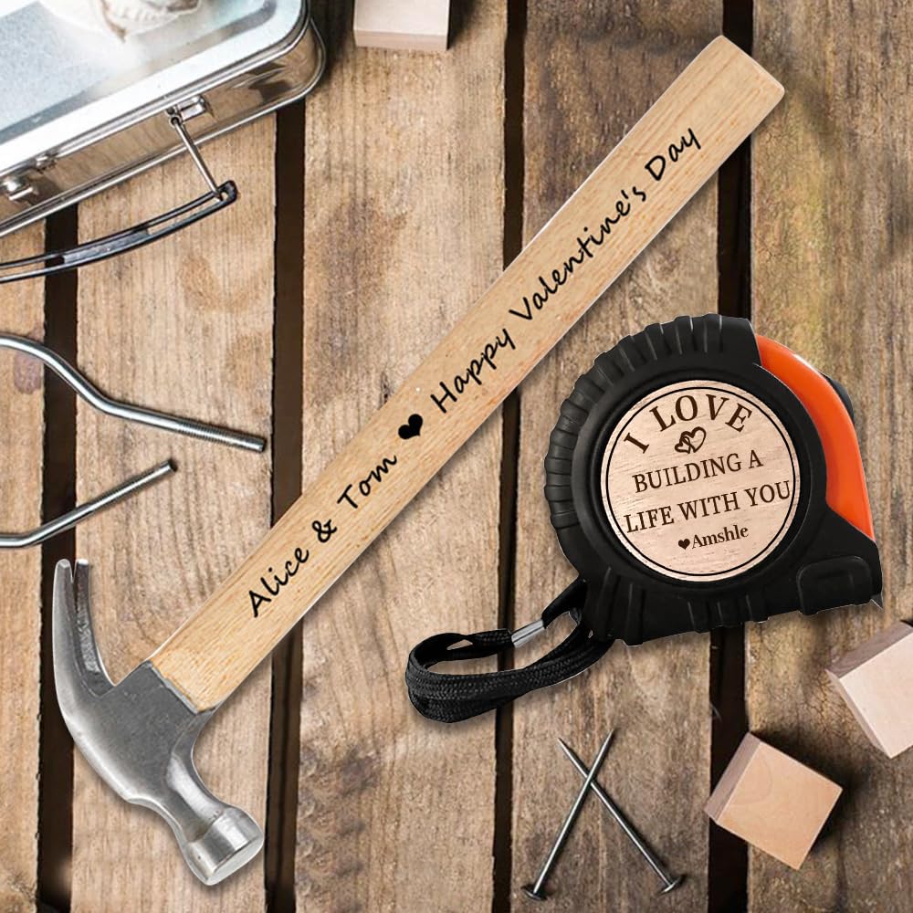 Personalized Tape Measure Hammer Set for Valentine, Customized I Love Building a Life with You Measuring Tape Wood Handle Hammer Set, Valentines Day - WoodArtSupply