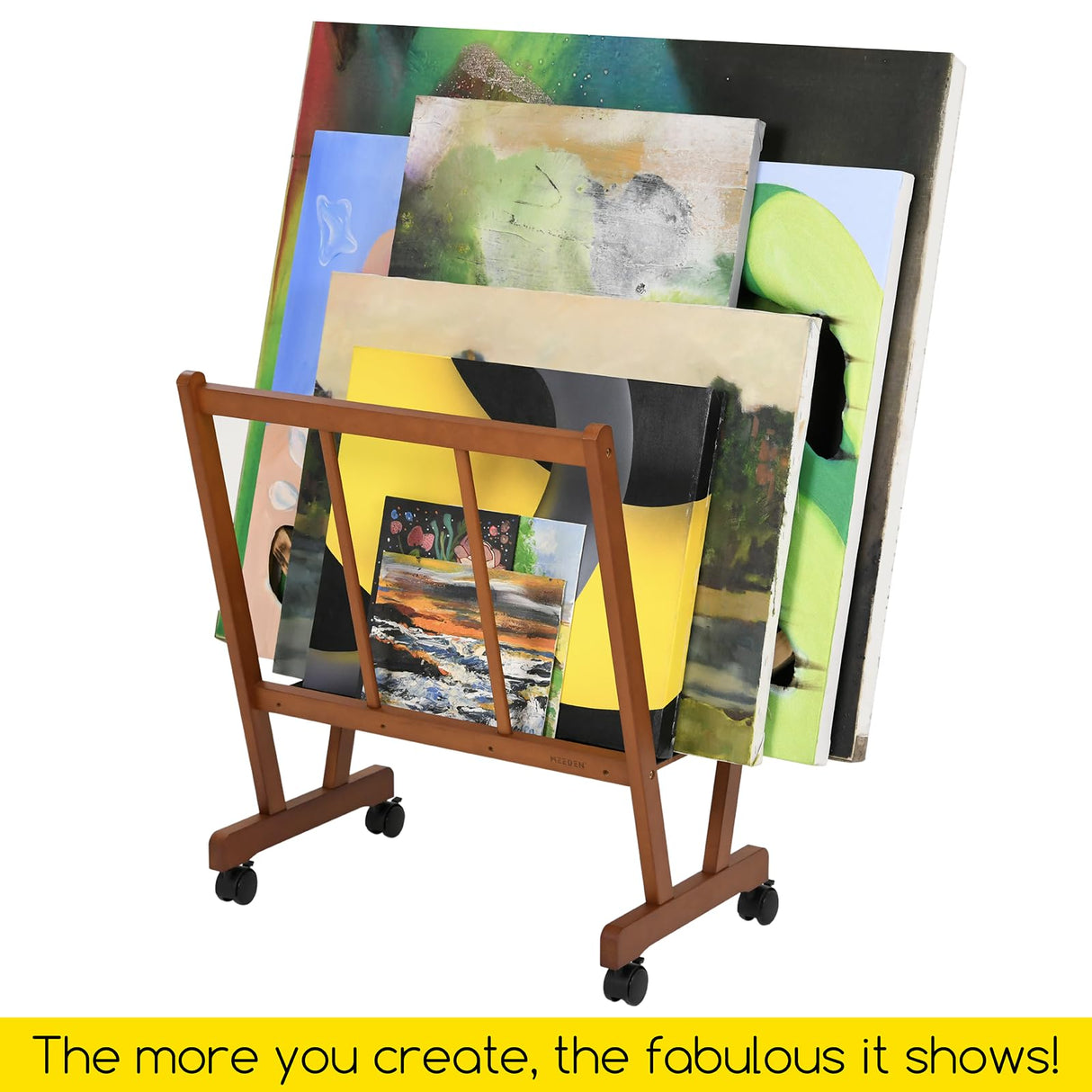 MEEDEN Wood Large Print Rack with Castors, Artist Storage and Display Rack, Premium Drying Rack, Storage for Canvas, Prints, Panels, Posters, Holds MEEDEN