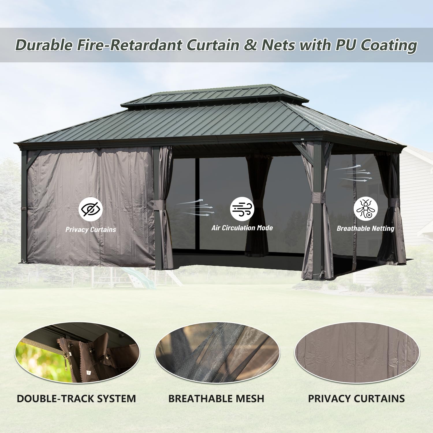 Domi 12x20FT Hardtop Gazebo, Aluminum Outdoor Gazebo with Galvanized Steel Double Roof Canopy, Drainage Gutters, Curtain and Netting, Metal Gazebo domi outdoor living