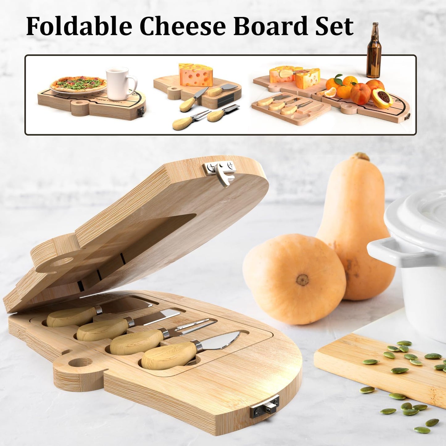 Haigoo Camping Cheese Board and Knife Set Foldable Bamboo Charcuterie Boards Gift Set Unique Cheese Cutting Board Birthday Gifts for Mom Dad House - WoodArtSupply