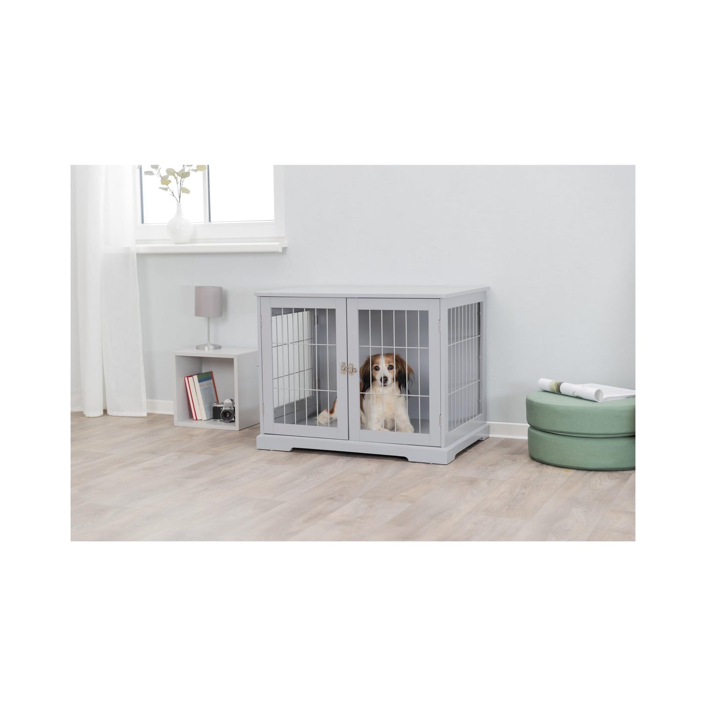 TRIXIE 29.5" Indoor Dog Crate, Wooden Crate Table for Dogs Up to 25 lb, Small Dog Kennel, Perfect in Any Room, Gray - WoodArtSupply