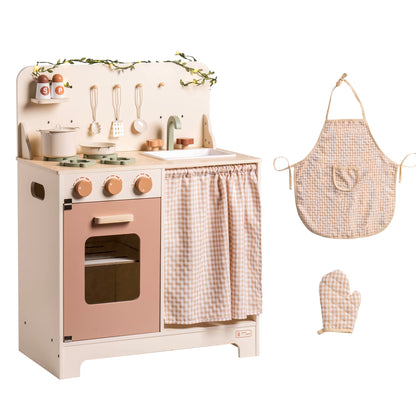 ROBOTIME Kids Play Kitchen Set - Rustic Wooden Pretend Play Kitchen with Leaf Light String, Apron, and Groves, for Toddlers 3+ (Rustic Style) - WoodArtSupply