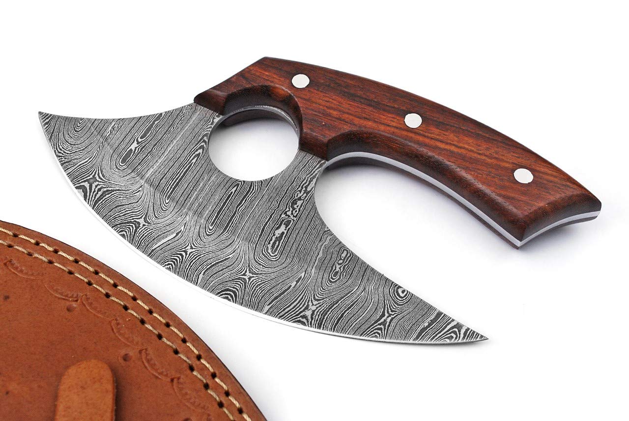 Super Knife Handmade Damascus Steel Ulu Knife - Fixed Blade knife for Chopping Boning Slicing Cutting ,Solid Rose Wood Handle with Leather Sheath, - WoodArtSupply