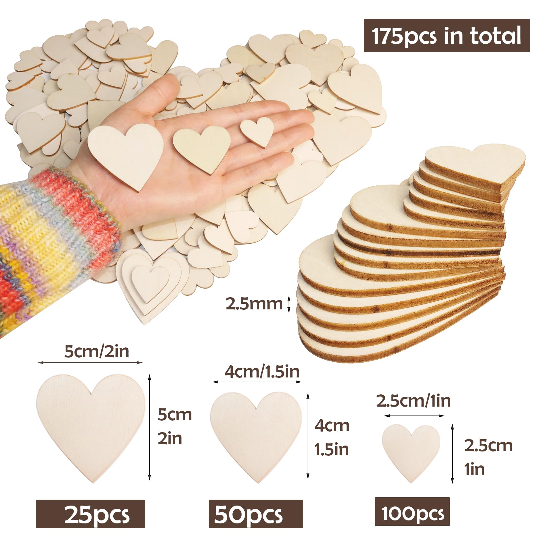 80Pcs 3 Wooden Hearts for Crafts, Wood Predrilled Hearts Cutout Slices,  DIY Unfinished Wooden Ornaments Embellishments, Heart Sign Tag for