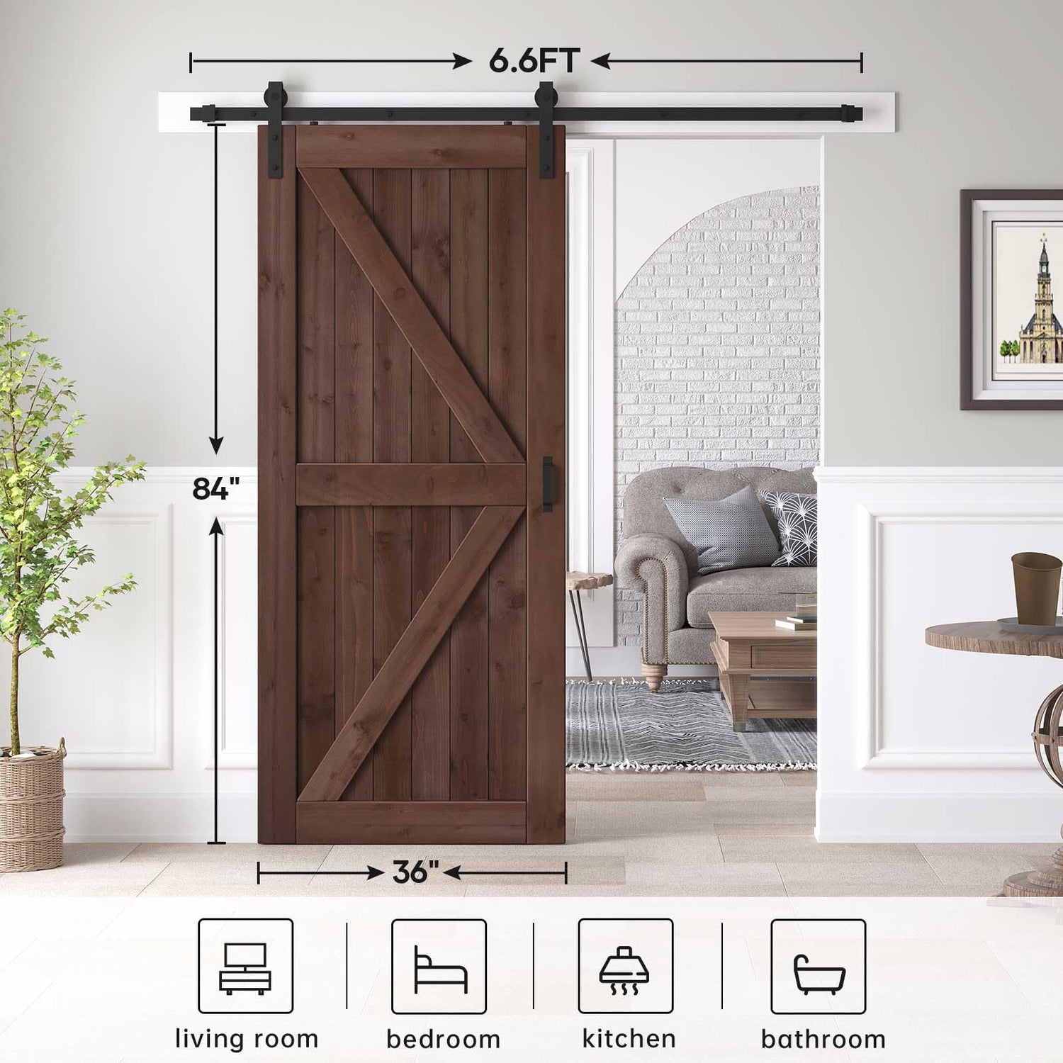 ROYMELO 36x84 inch Sliding Barn Wood Door Slab with 6.6ft Hardware Kit and Handle, Coffee, K Shape, Simple DIY Assembly ROYMELO