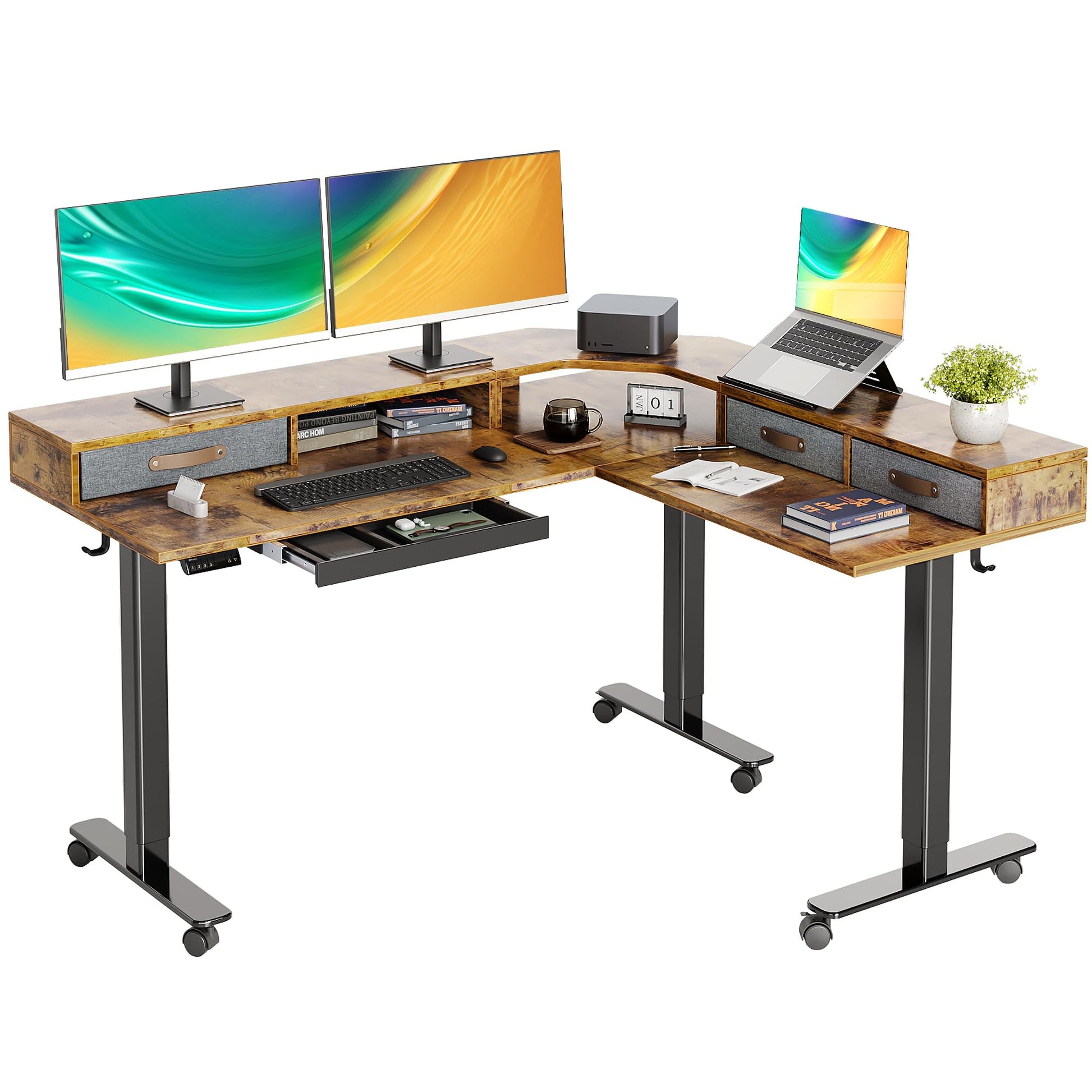 Claiks Triple Motor 63" L Shaped Standing Desk with Drawers, Electric Standing Desk Adjustable Height, Corner Stand up Desk with Splice Board, Black - WoodArtSupply