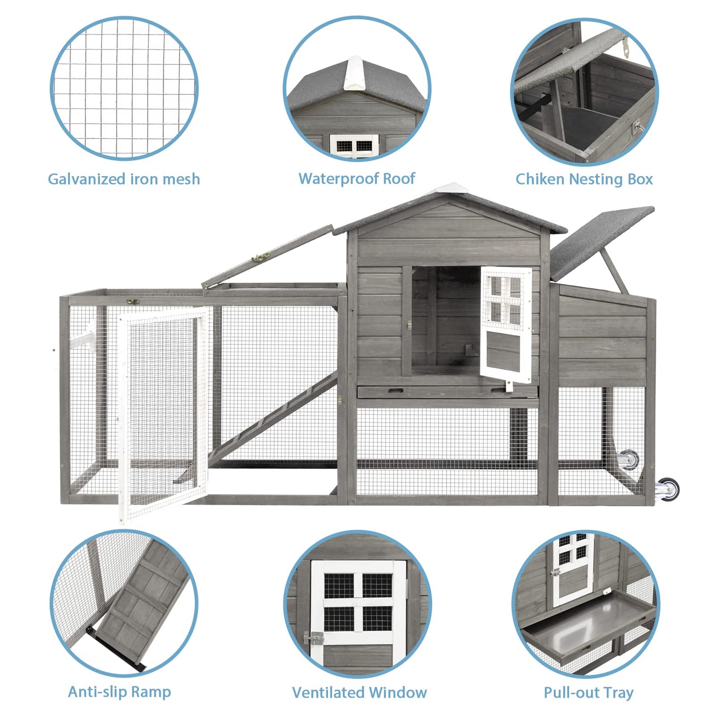 PetsCosset 79" Wooden Chicken Coop Rabbit Cage with Nesting Box, Waterproof Roof, Removable Tray, Combinable - WoodArtSupply