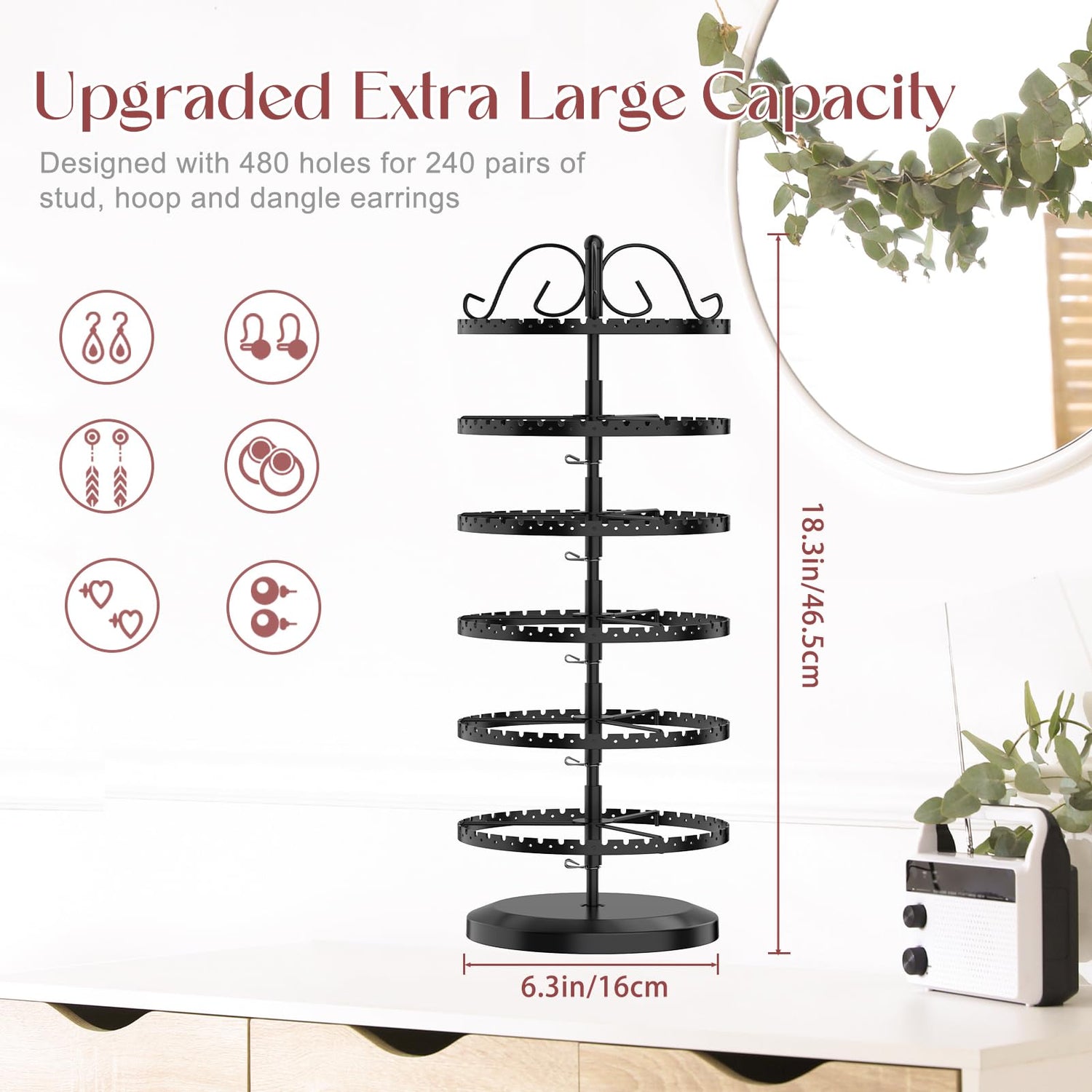 MODOWEY 6 Tier Rotating Earring Holder Organizer, Adjustable Metal Earring Display Stand Rack for Women Girl, 400 Holes and Grooves Earring Tower MODOWEY