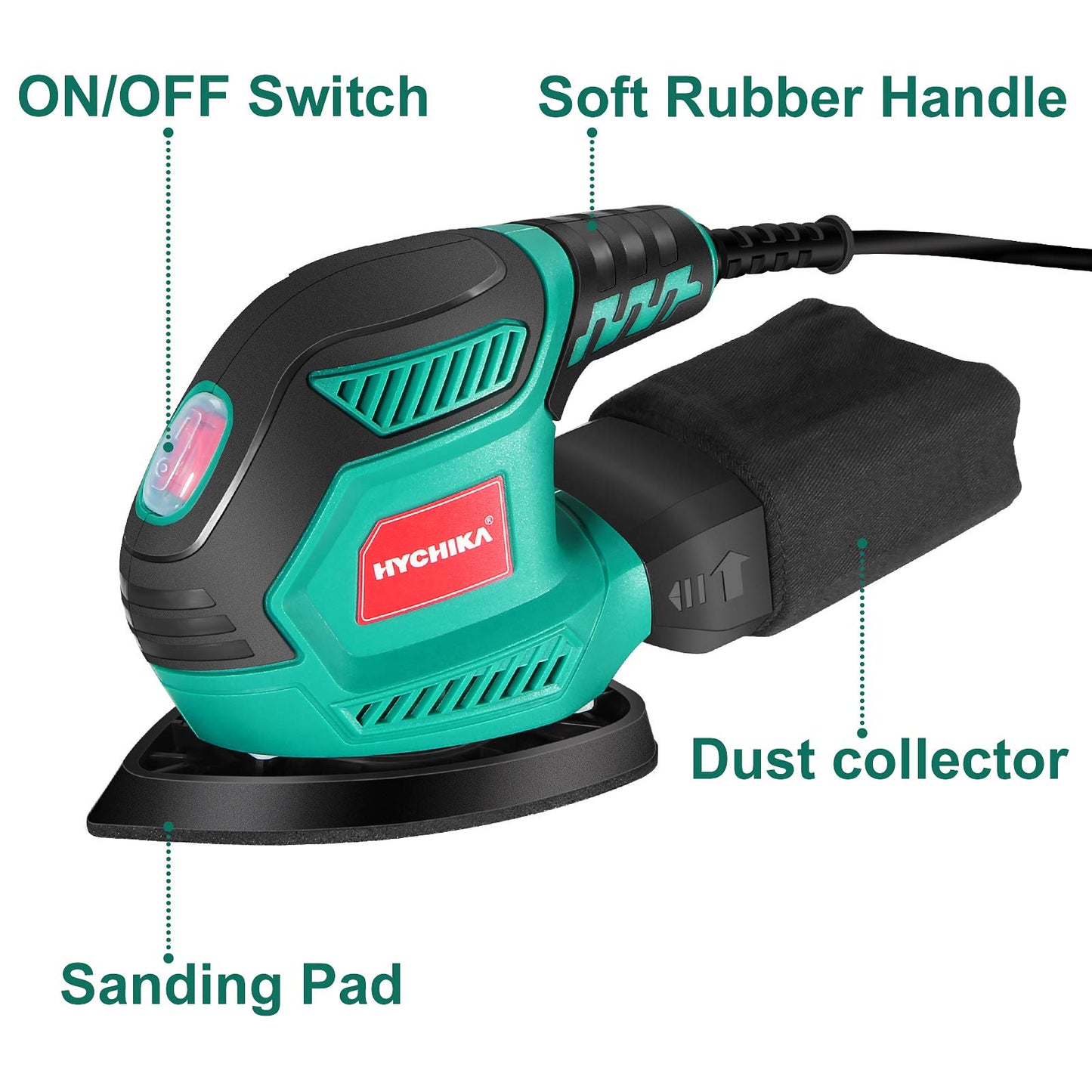 HYCHIKA Detail Sander, 14,000 OPM Compact Electric Sander Tool with 12 Pcs Sandpapers,Efficiency Dust Collection System,Suitable for Tight Spaces - WoodArtSupply