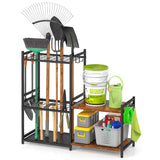 DAOUTIME Garage Tool Organizer with 2-tier Wooden Shelves, Yard Tool Organizer for Garage with 6 Hooks, Heavy duty Steel Garden Tool Rack Holds up to DAOUTIME