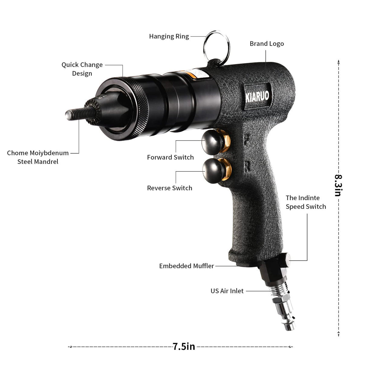 KIARUO Pneumatic Rivet Nut Gun with Self-locking Head Gun 1/4 & 5/16 & 3/8 Mandrels,Industrial Grade Adjustable Speed Pull Rivnut Gun Model:LM07 KIARUO