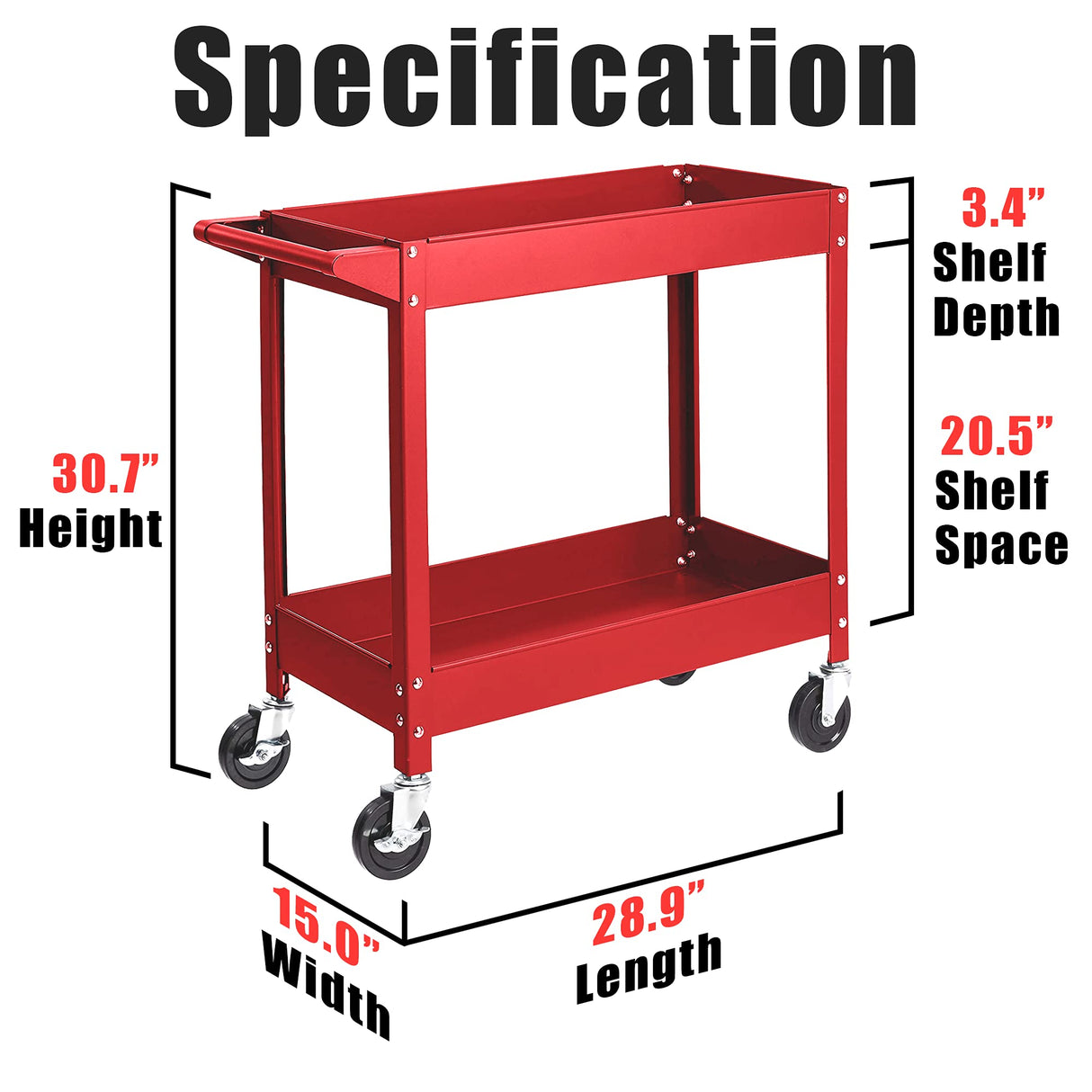 TCE Service Utility Cart Heavy Duty 2 Shelf Tier 300 LBs Rolling Trolley Storage Organizer for Garage Warehouse Workshop, APTC304U , Red TCE