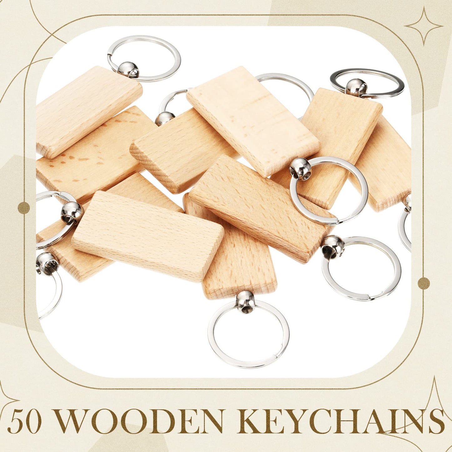 50 Pieces Wooden Keychain Blanks Laser Engraving Blanks Wood Blanks Key Chain Bulk Unfinished Wooden Key Ring Key Tag for DIY Gift Crafts (Rectangle)