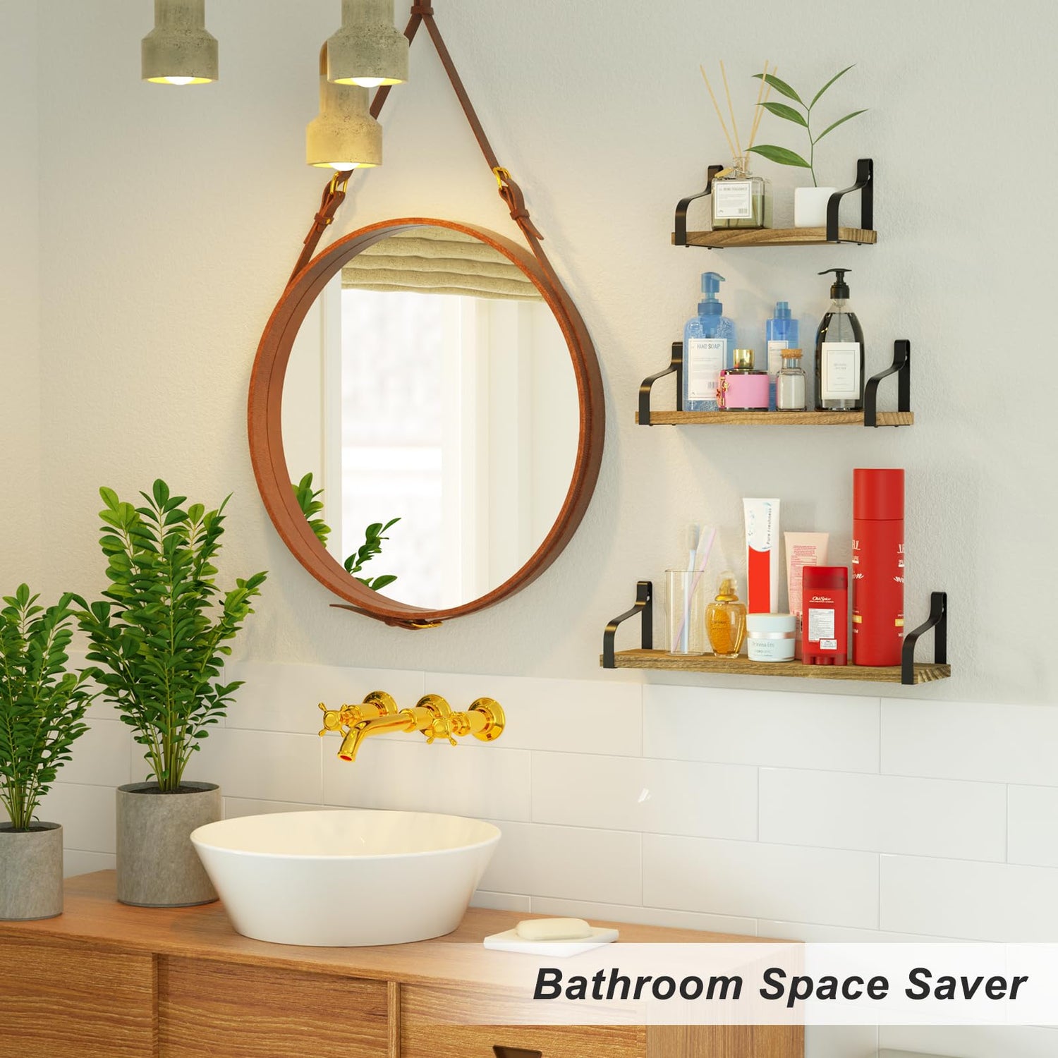 Love-KANKEI Floating Shelves Wall Mounted Set of 3, Rustic Wood Wall Storage Shelves for Bedroom, Living Room, Bathroom, Kitchen, Office and More Love-KANKEI