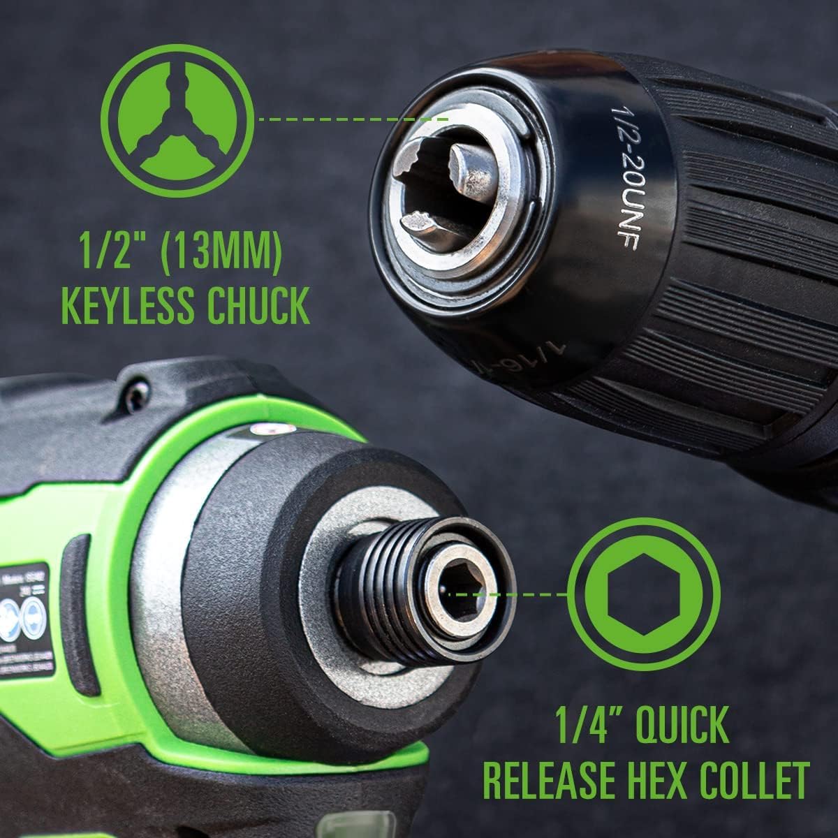 Greenworks 24V Brushless Cordless Drill Impact Driver Combo kit, 1/2”Drill & 1/4”Hex Impact Driver Power Tool Kit, Included 2 * 1.5Ah Batteries, Fast Greenworks