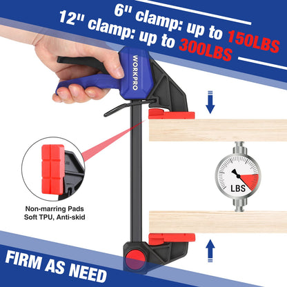 WORKPRO 12” & 6” Bar Clamps for Woodworking, 300lbs & 150lbs Load, One-Handed Spreader/Clamp, Quick-Clamp F Wood Clamps Set for Hand Wood Working - WoodArtSupply