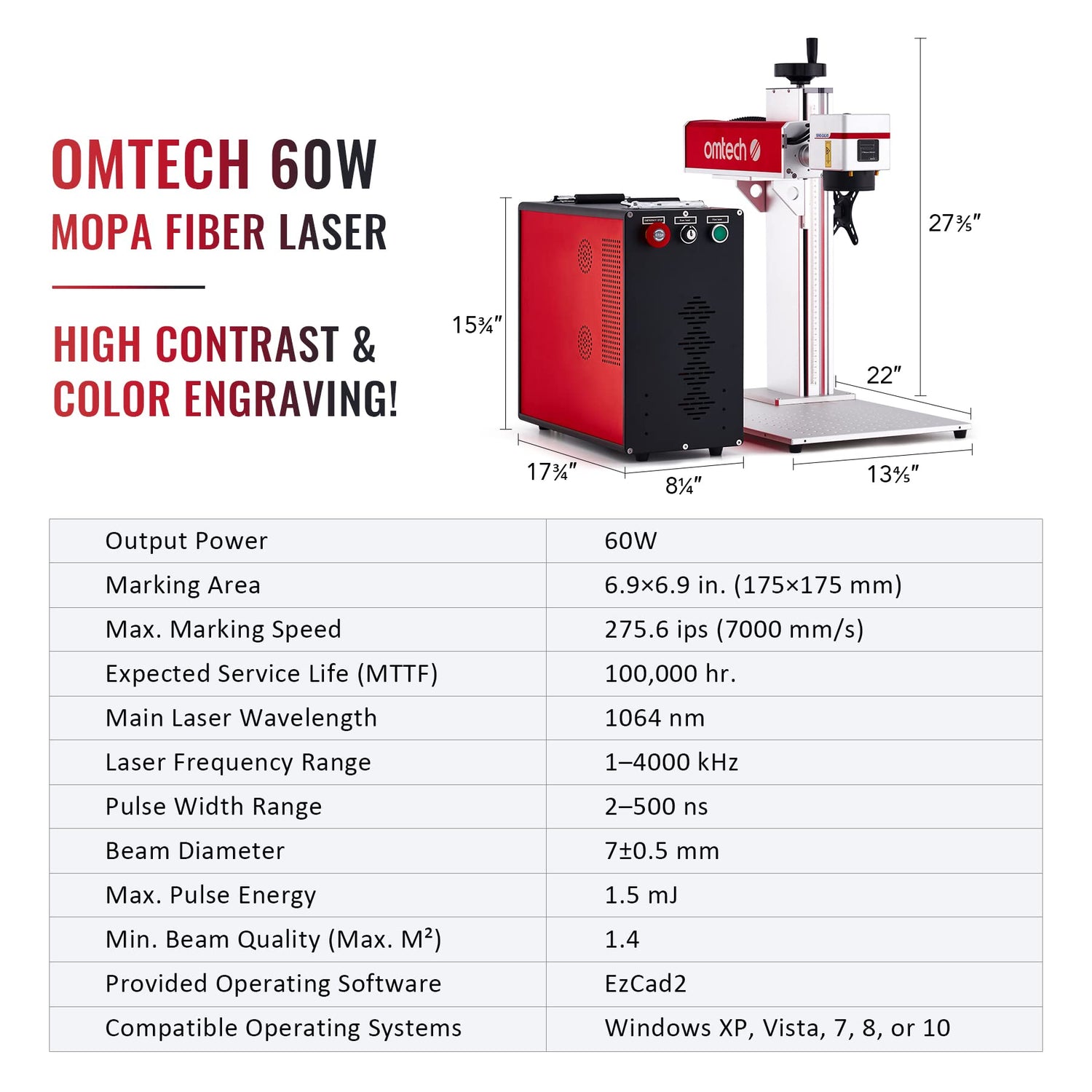 OMTech 60W Fiber Laser Engraver, MOPA Laser Engraving Machine for High Contrast Color Metal Marking, Solid State Laser Etching Machine with 100,000 OMTech