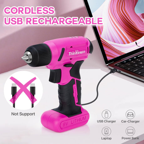 64PCS Pink Tool Set with Cordless Drill, 8V Power Drill and Pink Tool Kit for Women, 3/8"Keyless Chuck Electric Screwdriver Driver Kit for Home DIY ThinkLearn