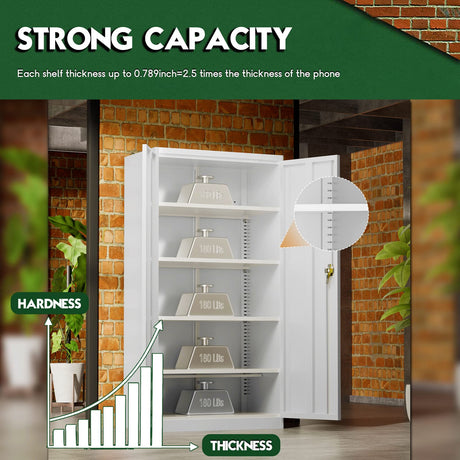 Greenvelly White Metal Storage Cabinet for Garage, 72” Steel Locking Cabinet with Doors and 4 Shelves, Tall Tool Cabinets for Garage Storage Systems Greenvelly