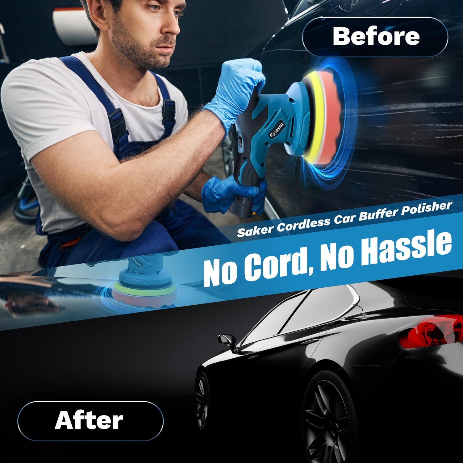 Saker Mini Cordless Buffer Polisher - 6 Inch Portable Polishing Machine Kit for Car Detailing, with 1PC 12V 2000mAh Rechargeable Battery, Extra 10 Saker