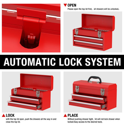 UNITEDPOWER Portable Metal Tool Box，2-Drawer Steel Organization Micro Tool Chest for Household, Warehouse, Repair Shop, Red