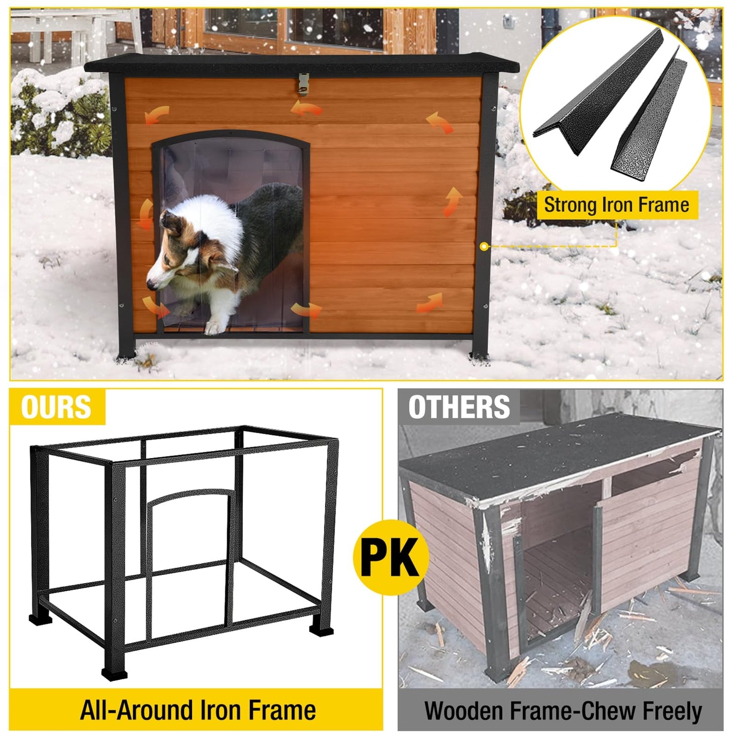 Insulated Outdoor Dog House with Liner for Winter Wooden Dog Kennel with All-Around Iron Frame,Waterproof Aivituvin