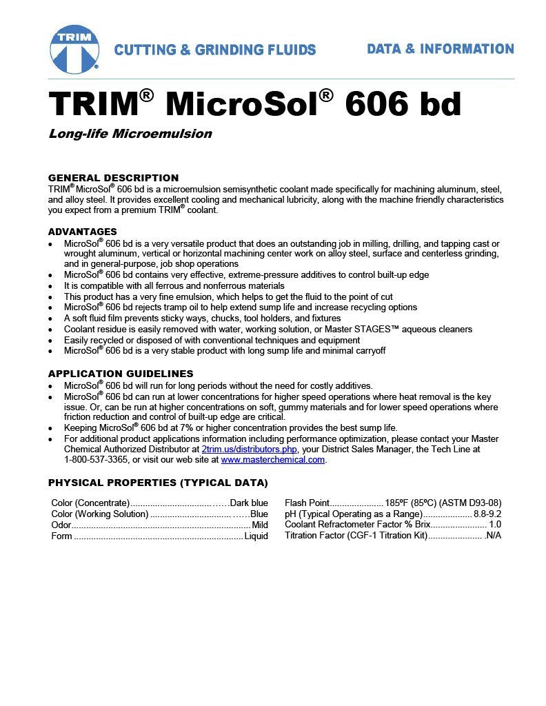 TRIM Cutting & Grinding Fluids MS606BD/1 MicroSol 606 BD Long Life Microemulsion, Blue Dye, 1 gal Jug Trim