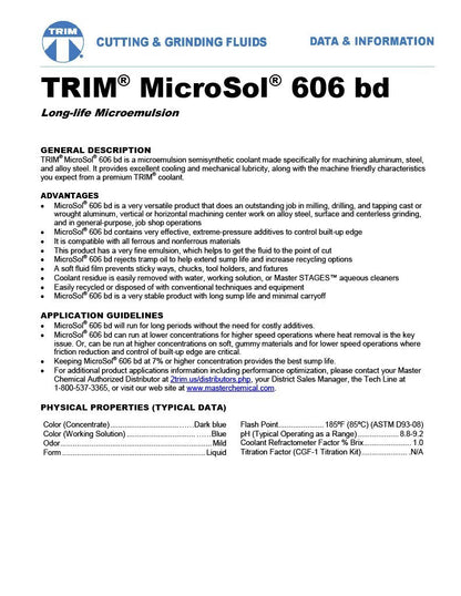 TRIM Cutting & Grinding Fluids MS606BD/1 MicroSol 606 BD Long Life Microemulsion, Blue Dye, 1 gal Jug - WoodArtSupply