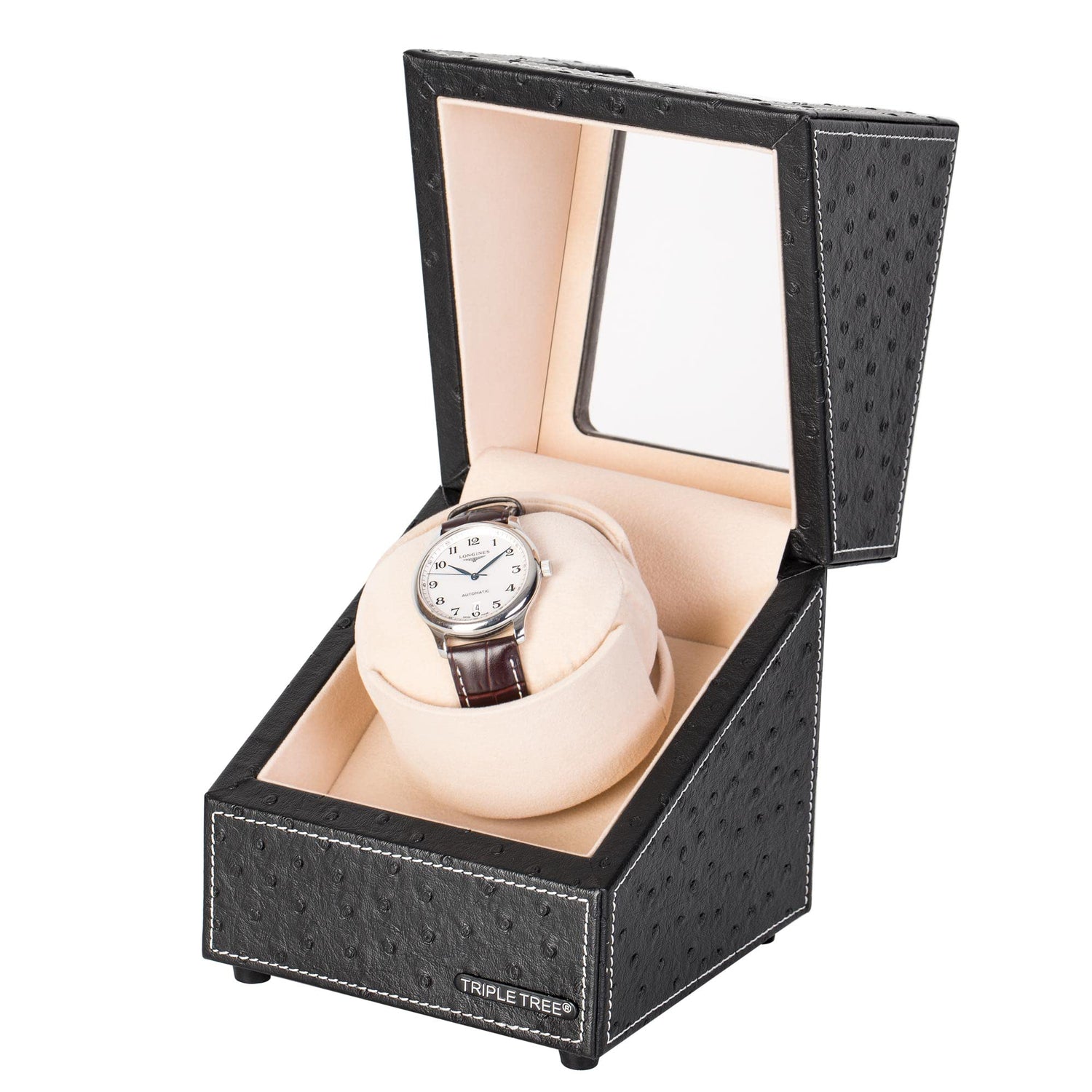 TRIPLE TREE Single Watch Winder Newly Upgraded, with Flexible Plush Pillow, in Wood Shell and Black Leather, Japanese Motor, 4 Rotation Mode Setting, TRIPLE TREE