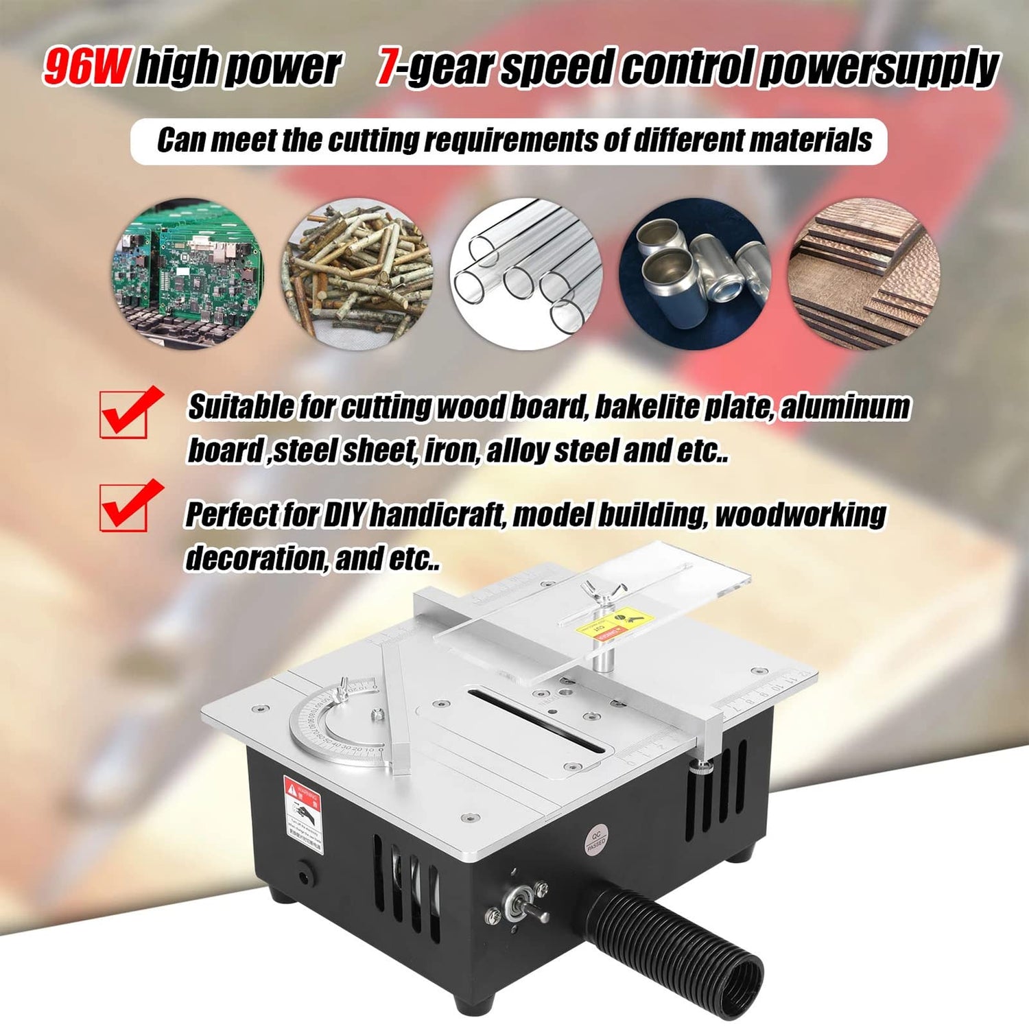 Mini Table Saw for Crafts S3 Portable Precision Table Saw,96W mini Desktop Electric Saw 7 Speed Adjustable,DIY Model Crafts Cutting Tool with 4 Jargrovs