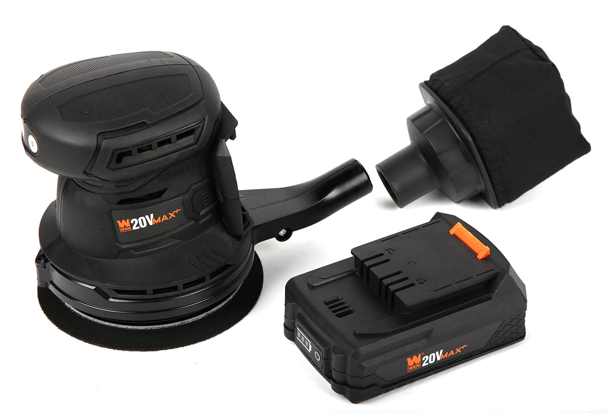 WEN Cordless Orbital Sander, Brushless with 5-Inch Random Orbit Pad, 20V Max 2.0 Ah Lithium-Ion Battery and Charger (20405),Black WEN