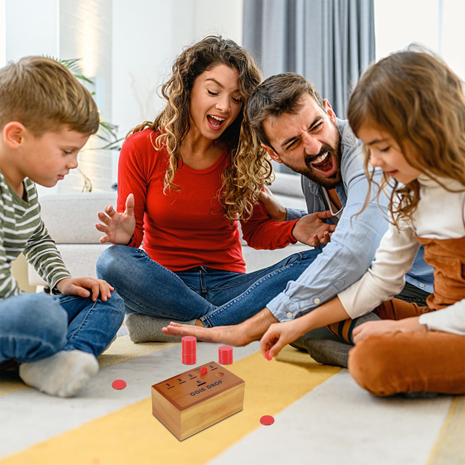 Juegoal Coin Drop Set, Pennies Dice Games for Kids and Adults, Wooden Tabletop Board Game Sets for 2-6 Player, Wood Penny Game Box Includes 48 Chips Juegoal