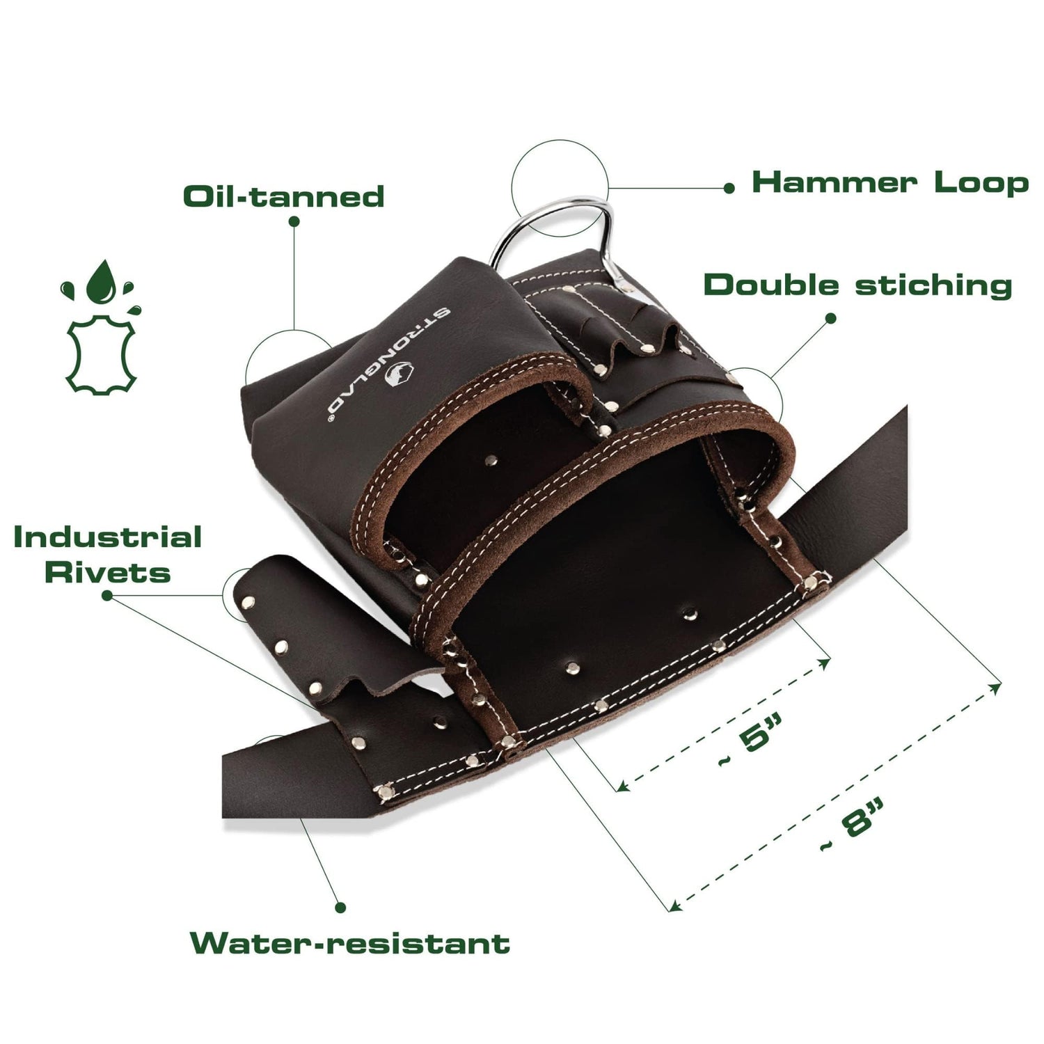 STRONGLAD 5-Pocket Leather Tool Belt, Carpenters Tool Belts, Construction Pouch, Tool Apron, Tool Organizer, Utility Pouches, Tool Bag, Toolbelt for STRONGLAD