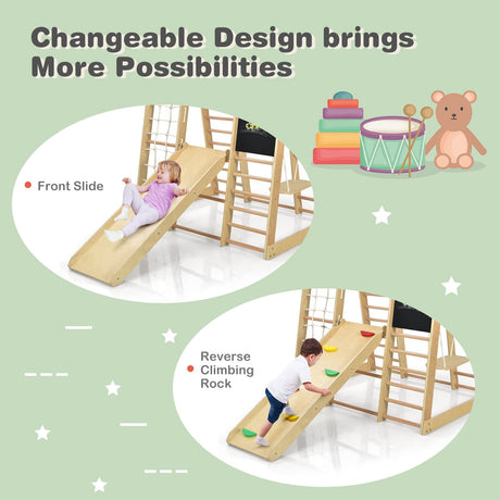 Costzon Indoor Jungle Gym, 8-in-1 Climbing Toys for Toddlers with Slide, Climbing Rock/Net, Monkey Bars, Drawing Board, Abacus Game and Swing, Wooden Costzon