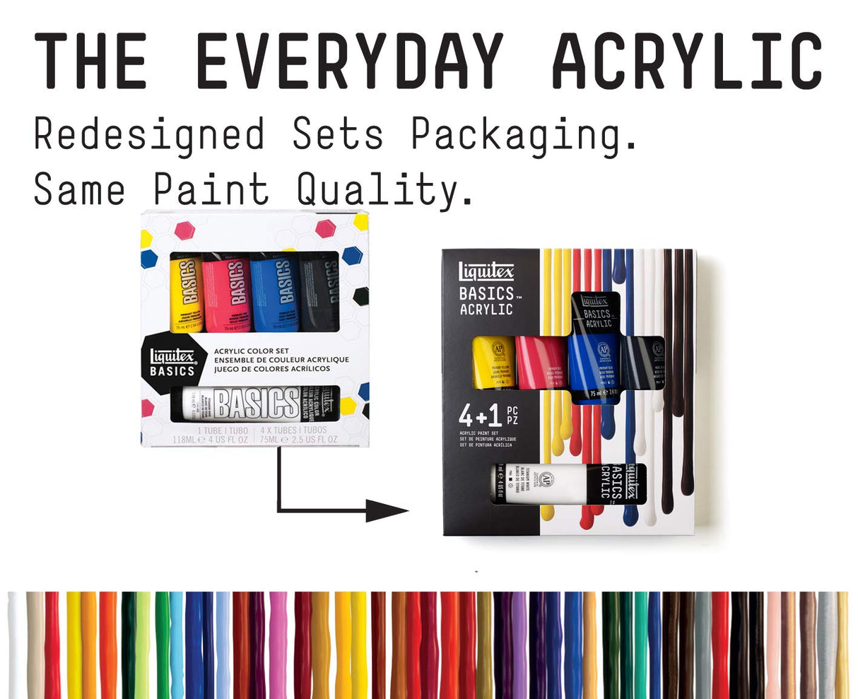 Liquitex BASICS Acrylic Paint Set, 4 x 75ml (2.4-oz), 1 x 118ml (4-oz) Essentials Paint Set Liquitex