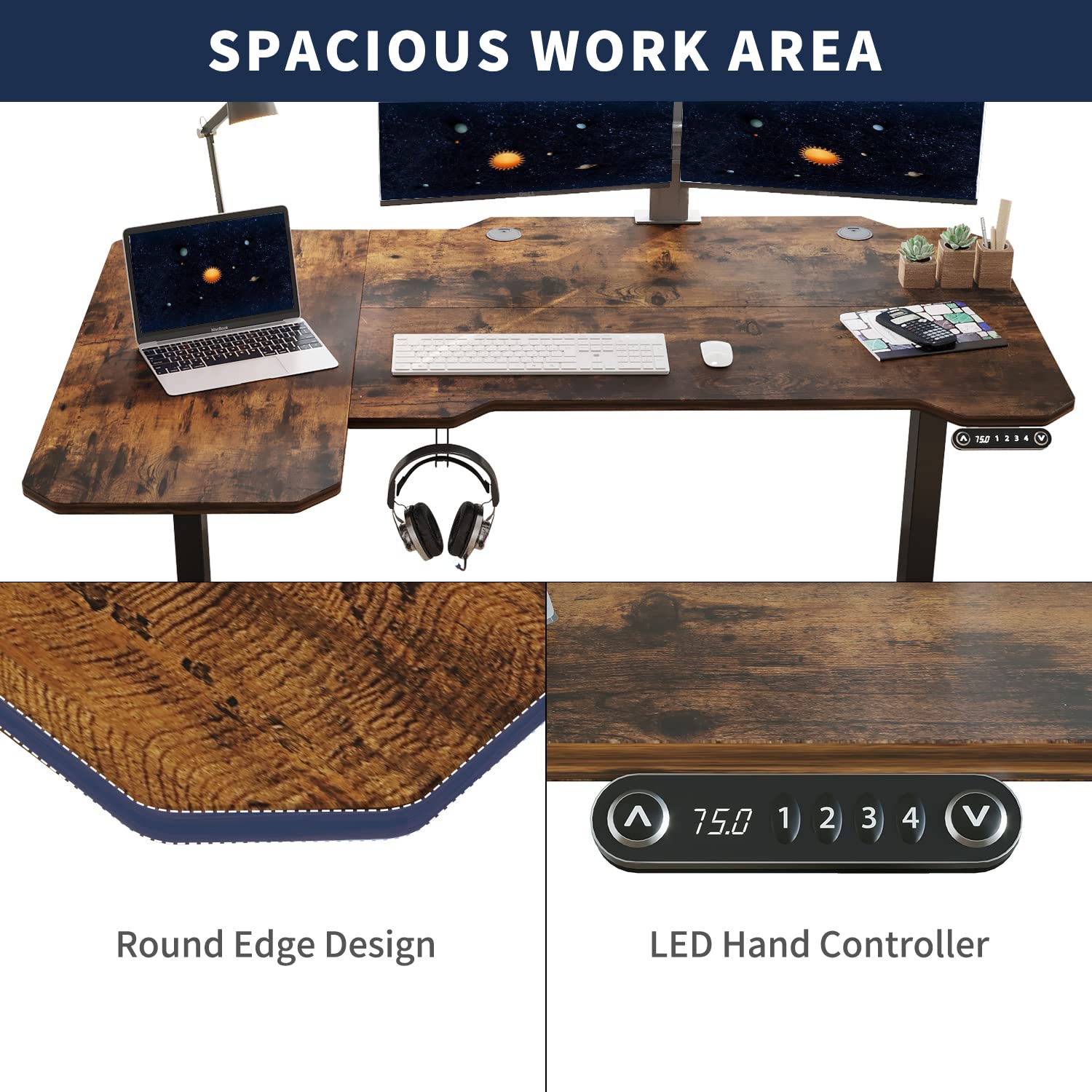 HEONAM 59'' L Shaped Electric Height Adjustable Standing Desk, Sit to Stand Home Office Computer Desk with Black Frame & Rustic Brown Top HEONAM