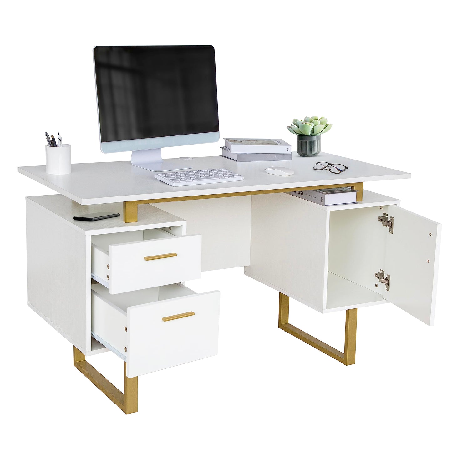 Techni Mobili Storage Drawers and Cabinet 51.25” W-Modern Office Large Floating Desktop Surface Desk, White/Gold - WoodArtSupply