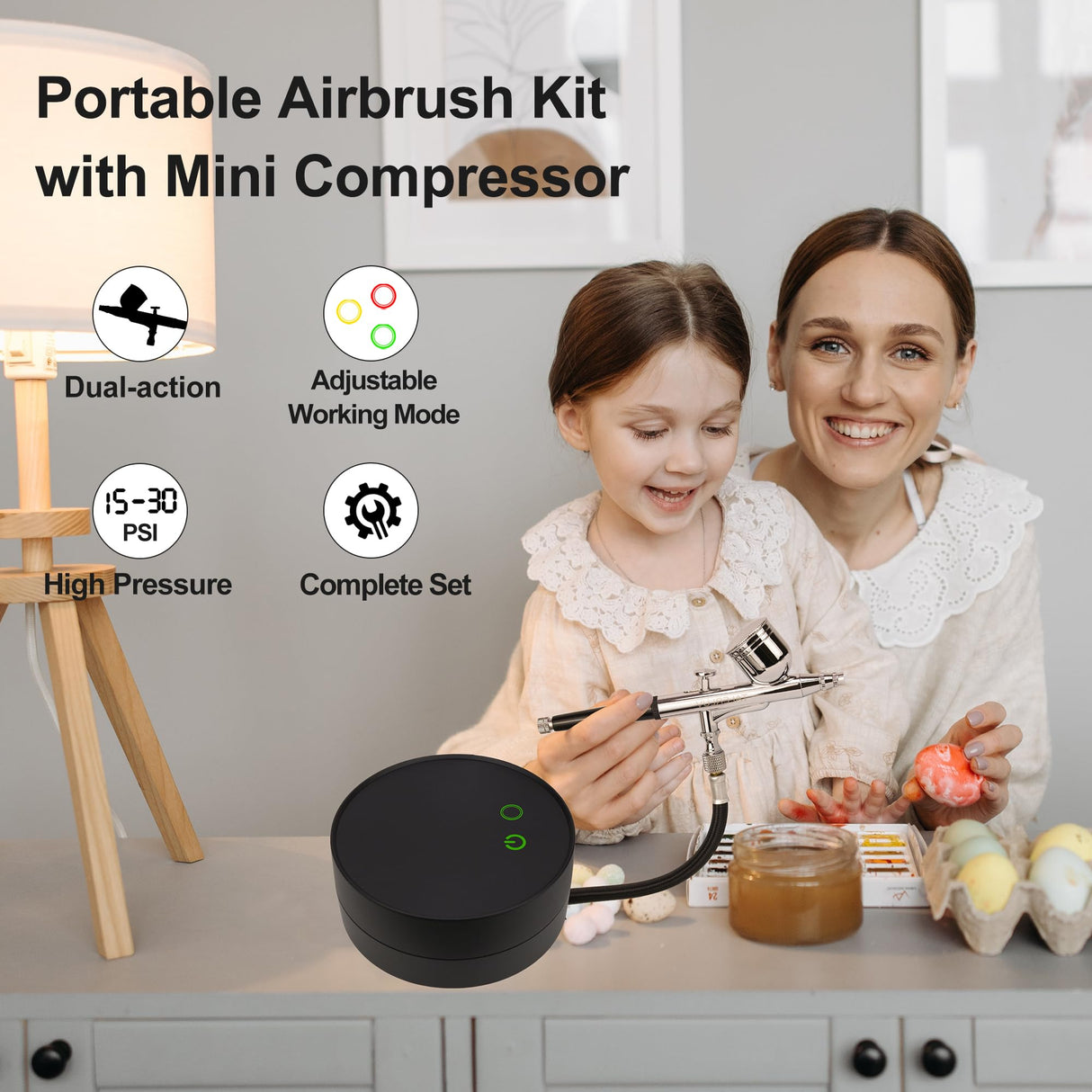 Adjustable Airbrush Compressor Kit - 3 PSI Settings up to 30 PSI, Dual Action Airbrush with Multiple Nozzles and Accessories for Painting, Model talerluv